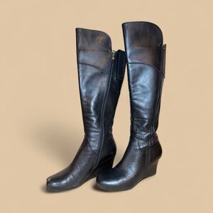Sleek Black Leather Over the Knee Wedge Boots‎
